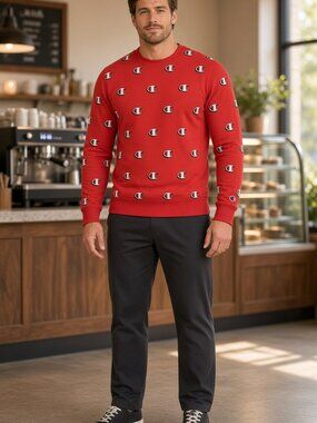 Champion Men Red Long-Sleeve Reverse Weave Crew Scribble Logo C AOP US XS